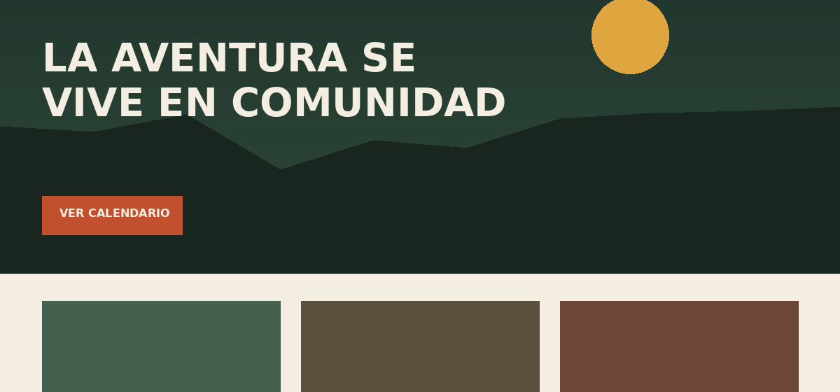 DAV Valparaíso homepage concept — dark forest-green hero with the headline 'La aventura se vive en comunidad' and a calendar call-to-action